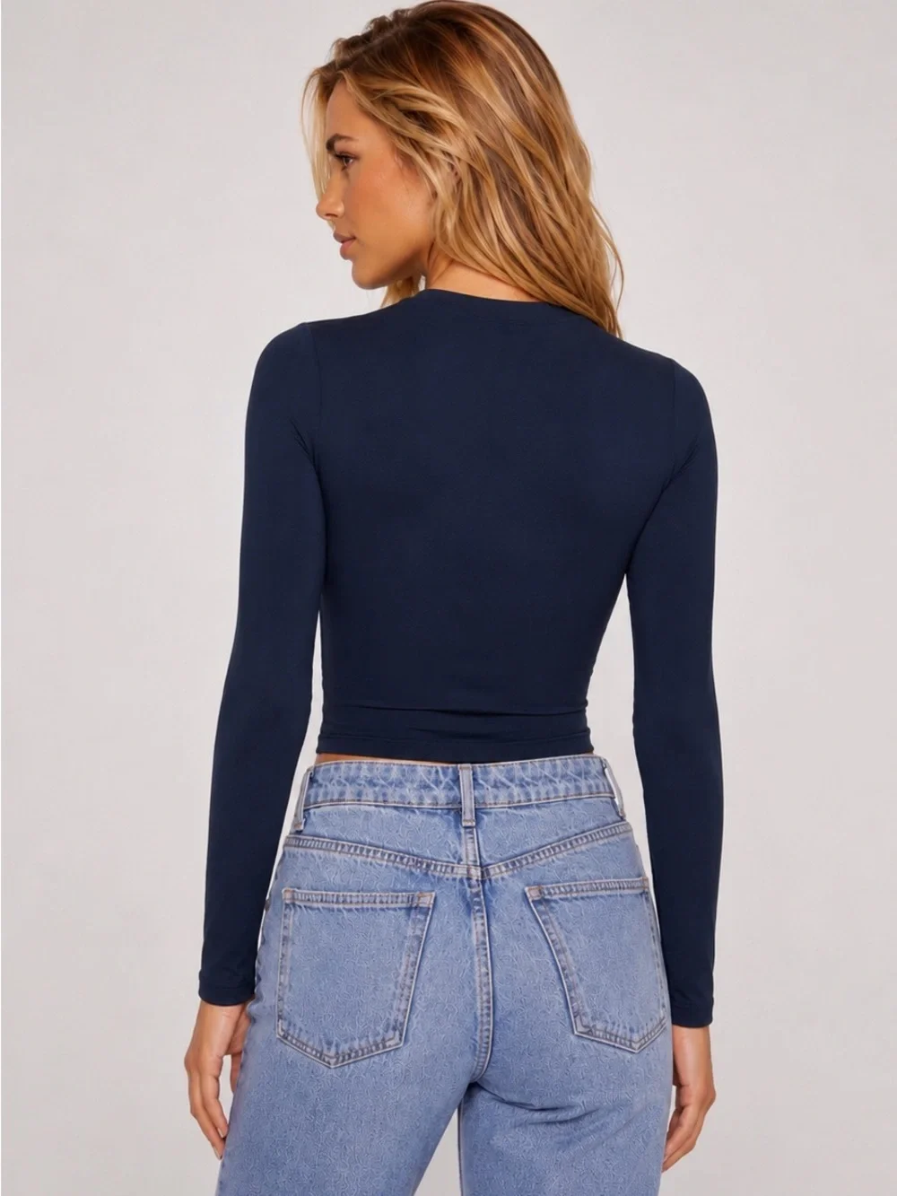 NWT Susana Monaco Midnight Navy Crew Slit Cutout Long Sleeve Top Large Chic NEW - Picture 7 of 9